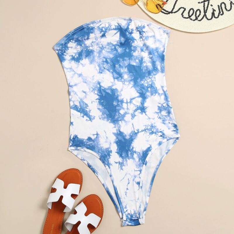 

Tie Dye Slim Fit Tube Bodysuit, Blue and white