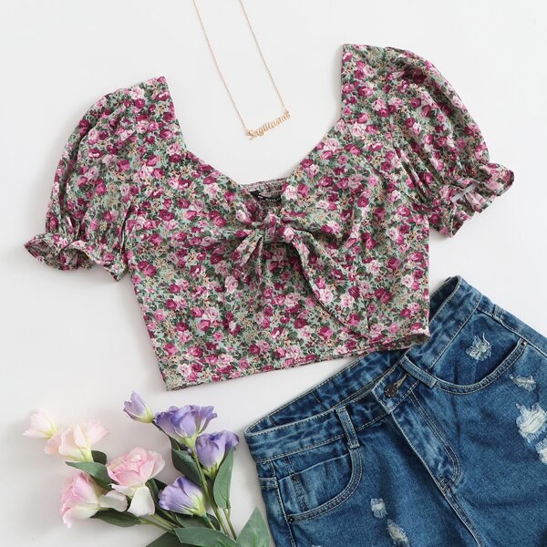 

Shirred Back Tie Front Puff Sleeve Floral Top, Multicolor