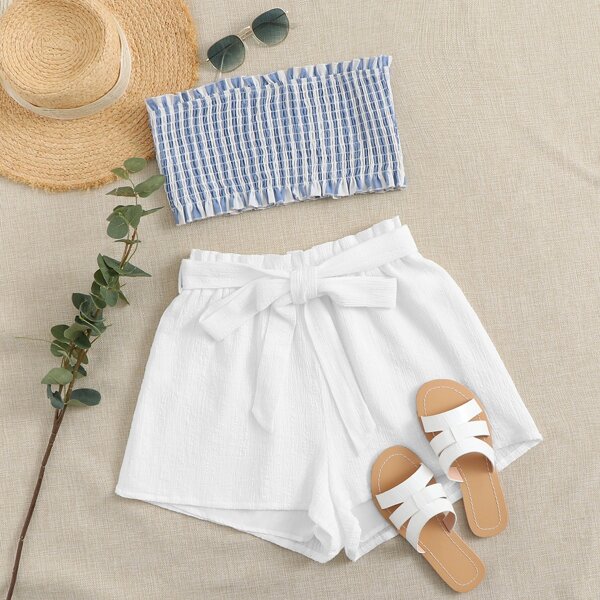 

Shirred Tube Top and Paperbag Waist Shorts Set, Multicolor