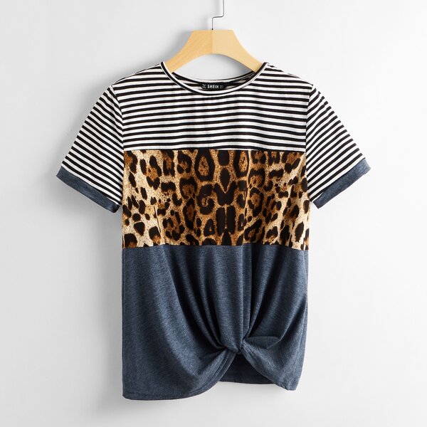 

Twist Front Color Block Leopard Tee, Multicolor
