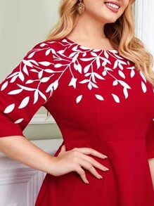 SHEIN Clasi Plus Leaf Print Fit & Flare Dress - Red - View 5