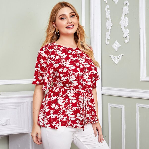 

Plus Flutter Sleeve Self Belted Top, Red
