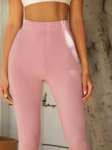 SHEIN BASICS 含棉高腰素色緊身打底褲 - 淺粉色 - 查看 4