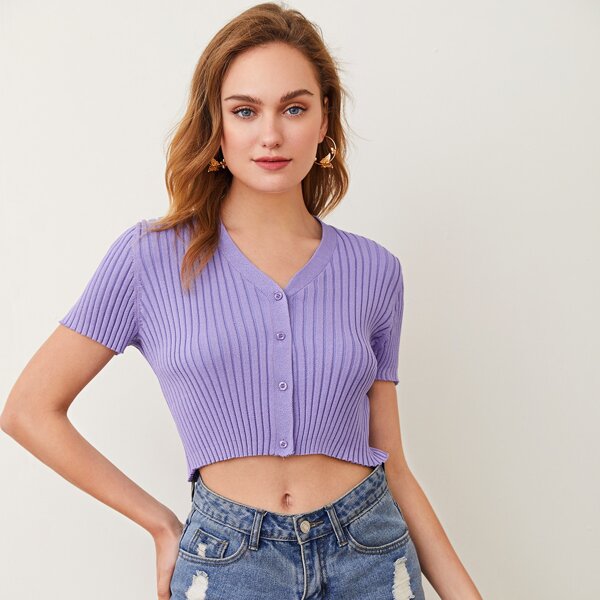 

Button Front Rib-knit Cardigan, Violet purple