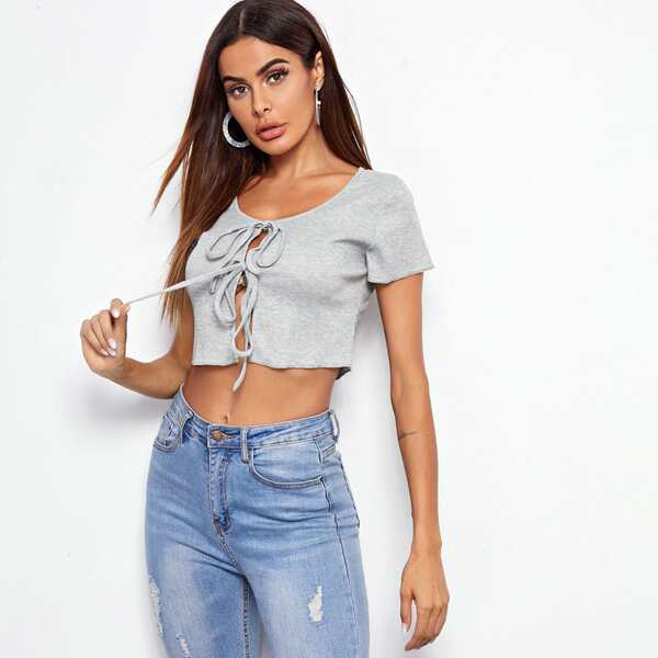 

Tie Front Rib-knit Crop Top, Light grey