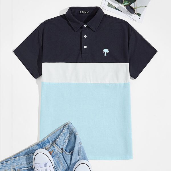 

Men Plant Print Color Block Polo Shirt, Multicolor