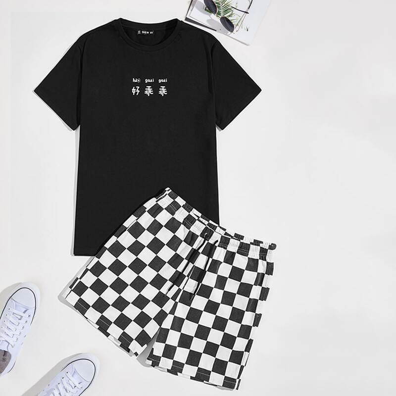 

Guys Letter Graphic Tee & Checkered Drawstring Shorts Set, Black and white