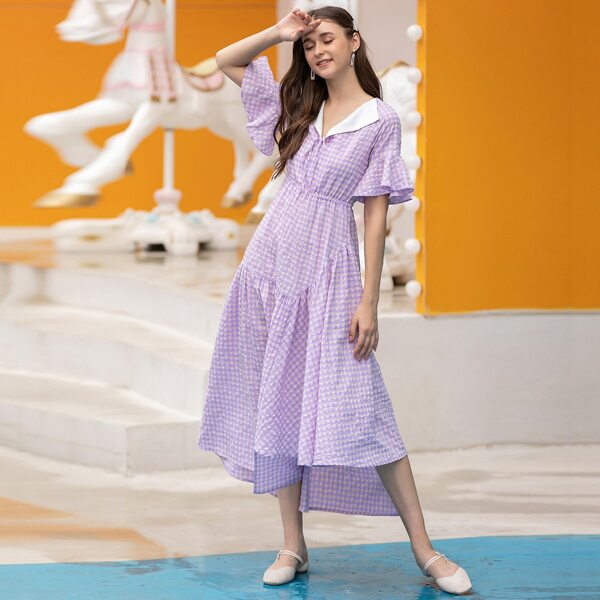 

Gingham Asymmetrical Flounce Hem A-Line Dress, Lilac purple