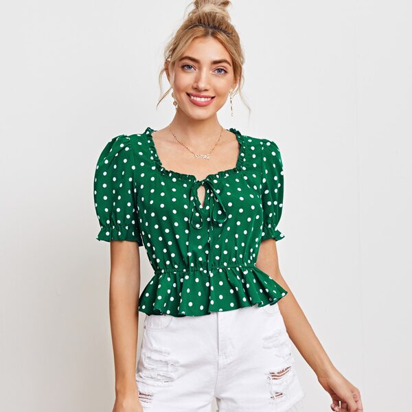 

Polka Dot Frill Trim Square Neck Peplum Blouse, Green