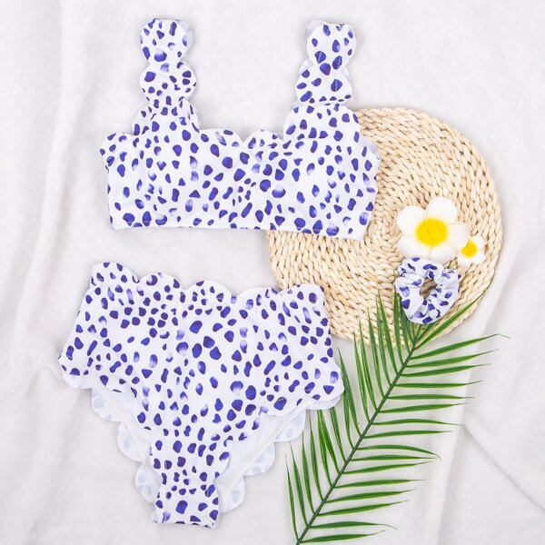 

Dalmatian Scallop Trim High Waisted Bikini Swimsuit & Scrunchie, Blue and white