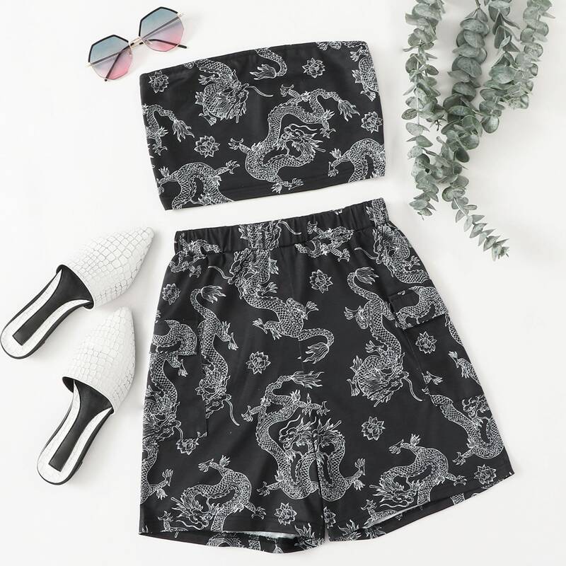 

Dragon Print Tube Top & Shorts, Black