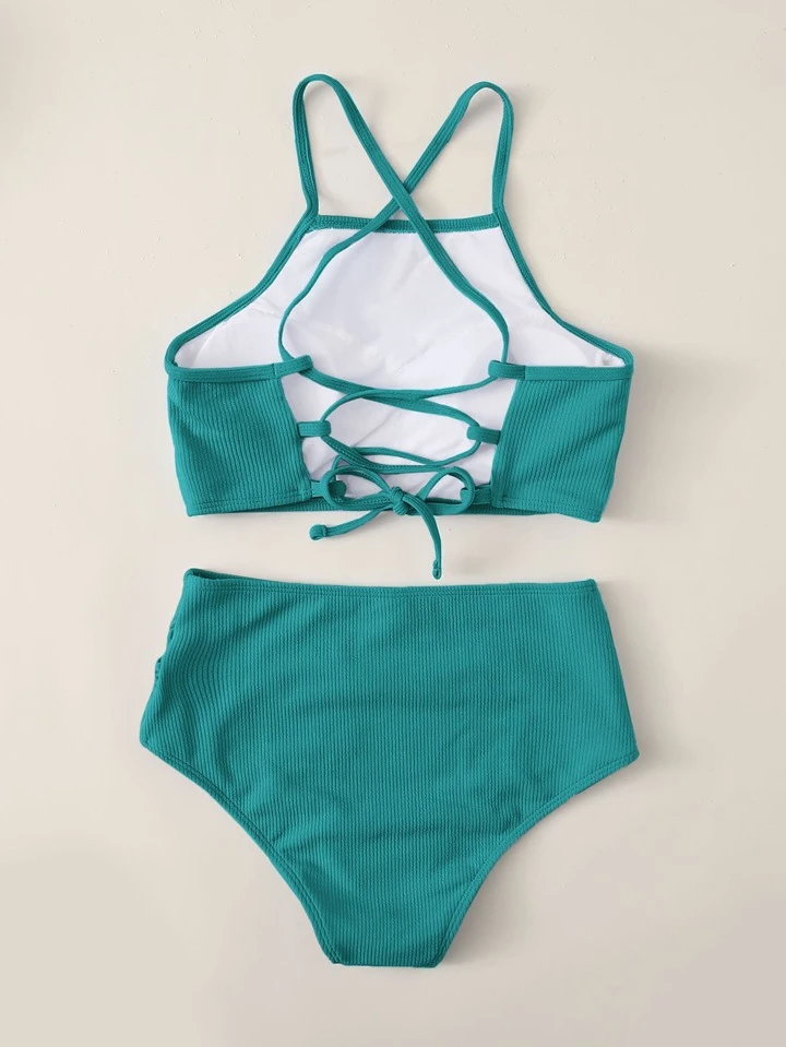 Lace-Up Back High Waist Ruched Bikini Set Summer Beach