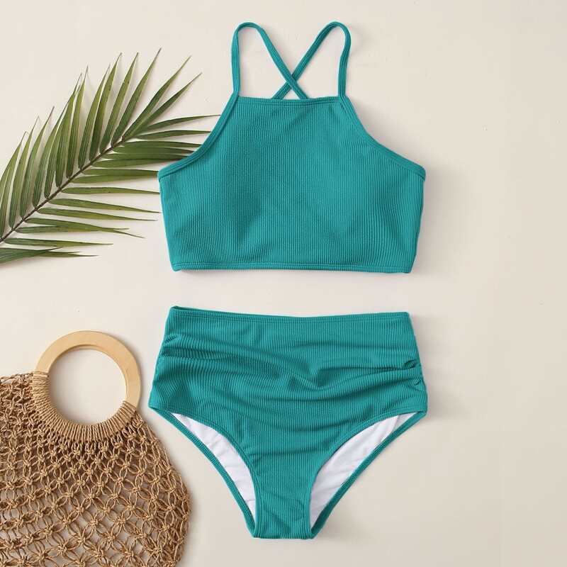 

Lace-up Back High Waist Ruched Bikini Swimsuit, Teal blue