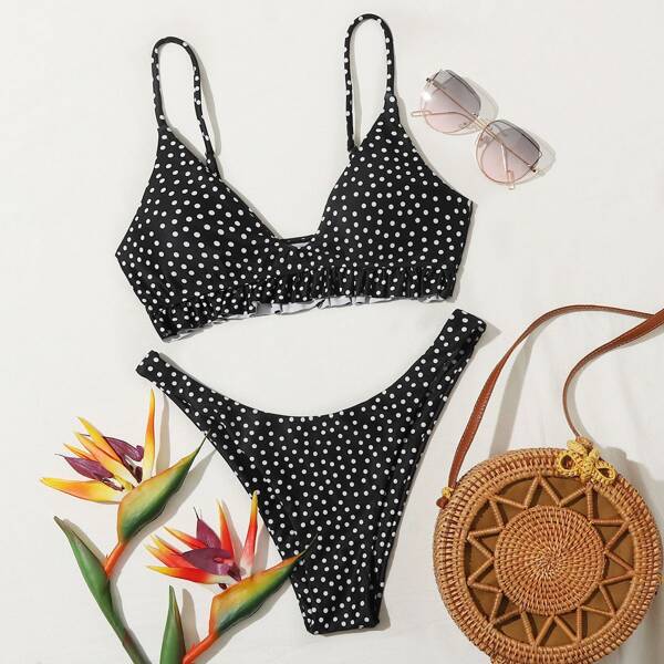 

Polka Dot Frill Trim High Cut Bikini Swimsuit, Black