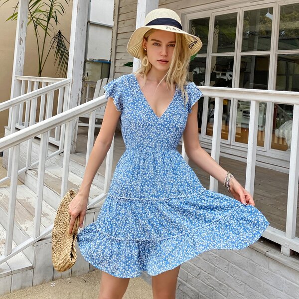 

Ditsy Floral Print Ruffle Sleeve Layered Dress, Blue