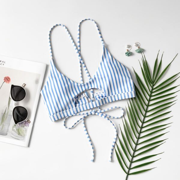 

Striped Cut-out Tie Back Bikini Top, Blue and white