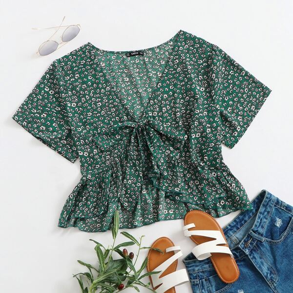 

Plus Ditsy Floral Print Tie Front Peplum Top, Dark green