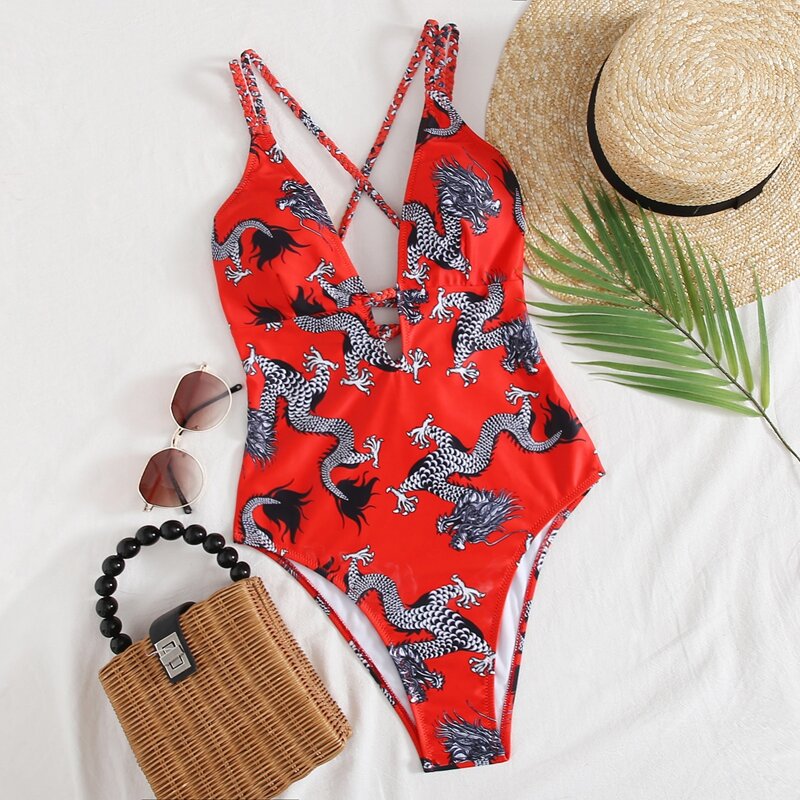 

Dragon Lace-up Back Plunge One Piece Swimsuit, Red