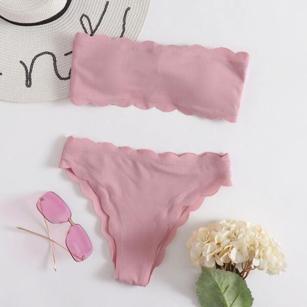 

Scallop Trim Bandeau Bikini Swimsuit, Pastel baby pink