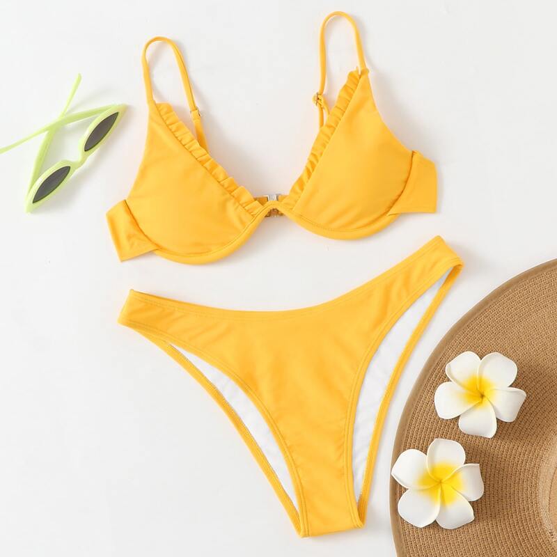 

Frill Trim Underwire Cheeky Bikini Swimsuit, Yellow bright