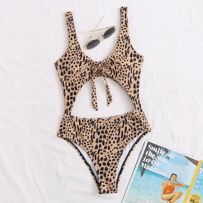 

Allover Graphic Cut-out Knot One Piece Swimsuit, Multicolor