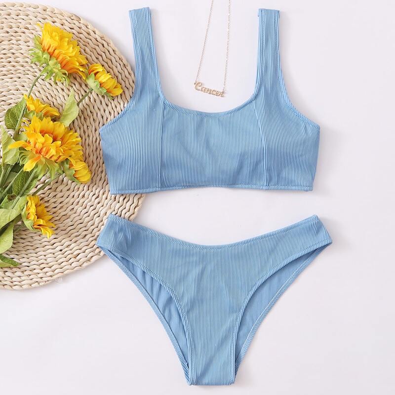 

Rib Solid Bikini Swimsuit, Pastel baby blue