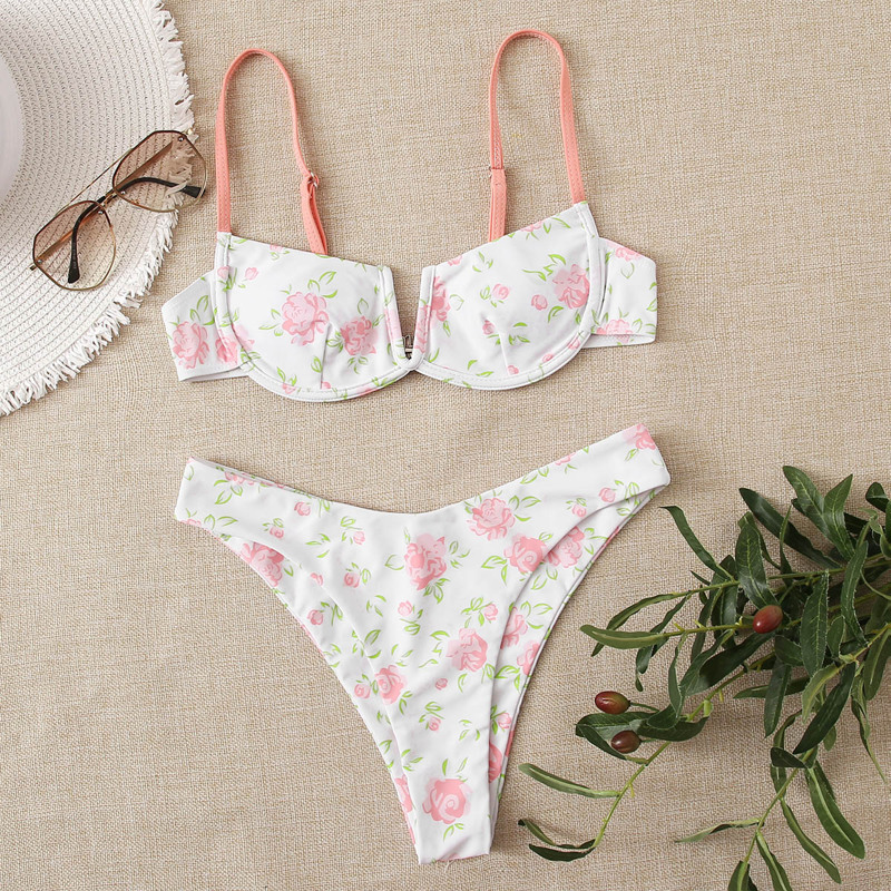 

Floral Underwire High Leg Bikini Swimsuit, Multicolor