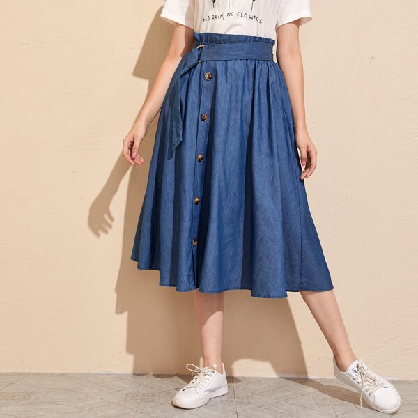 

Paperbag Waist Button Front D-ring Belted Skirt, Blue