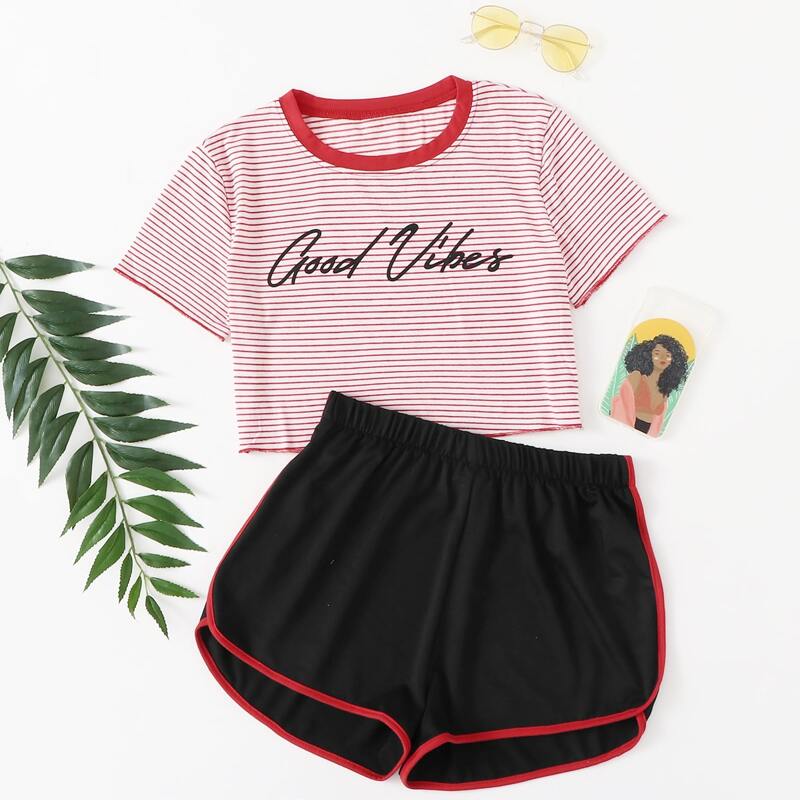 

Letter Graphic Striped Tee & Shorts, Multicolor