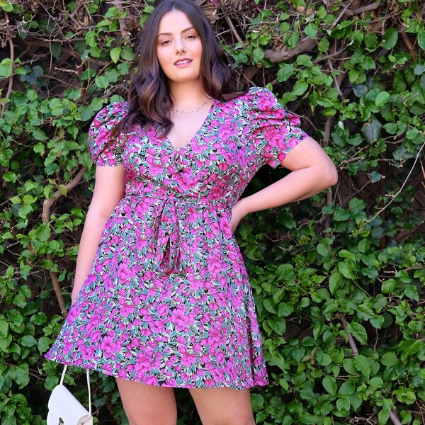 

Plus Ditsy Floral Belted Mini Dress, Multicolor