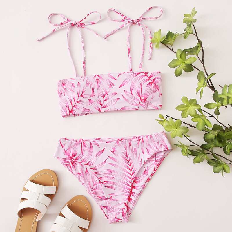 

Plant Print Tie Shoulder Bikini Swimsuit, Pastel baby pink