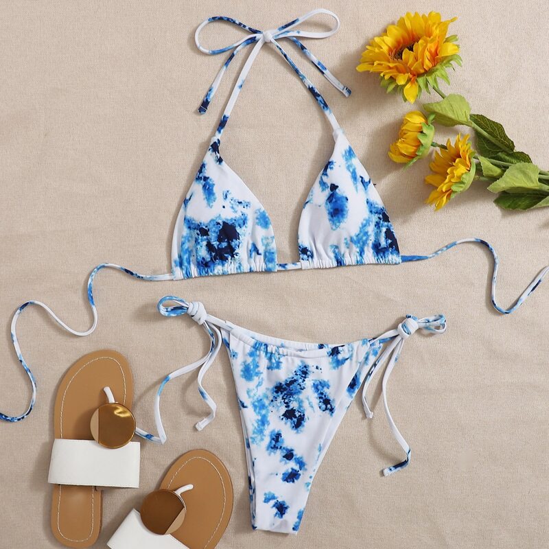 

Tie-Dye Self-Tie Halter Bikini Swimsuit, Multicolor