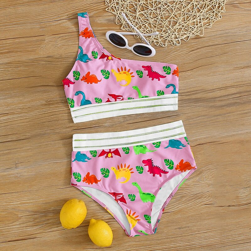 

Cartoon Dinosaur One Shoulder High Waisted Bikini Swimsuit, Pastel baby pink