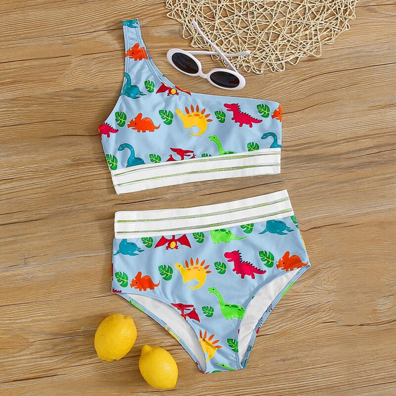 

Cartoon Dinosaur One Shoulder High Waisted Bikini Swimsuit, Pastel baby blue