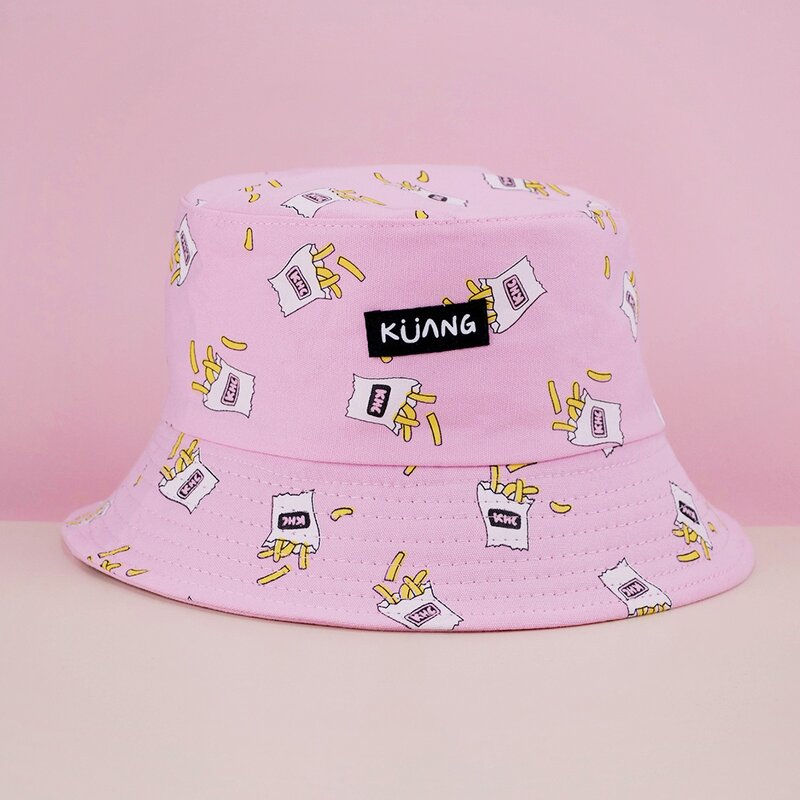 

French Fries Reversible Bucket Hat, Pastel baby pink