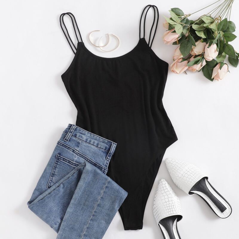 

Double Strap Solid Bodysuit, Black