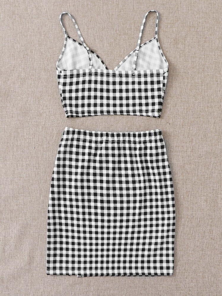 Soleia Conjunto top corto sujetador de cuadros con falda - Blanco y Negro - Añade 2