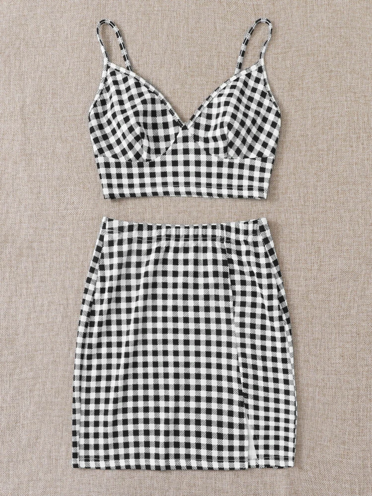 Soleia Conjunto top corto sujetador de cuadros con falda - Blanco y Negro - Añade 4