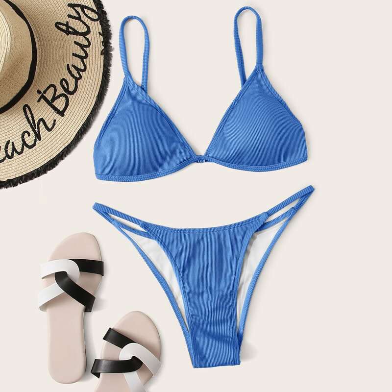 

Rib Triangle Tanga Bikini Swimsuit, Blue