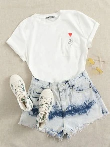 SHEIN EZwear 手勢圖案口袋貼布t恤 - 白色 - 查看 1