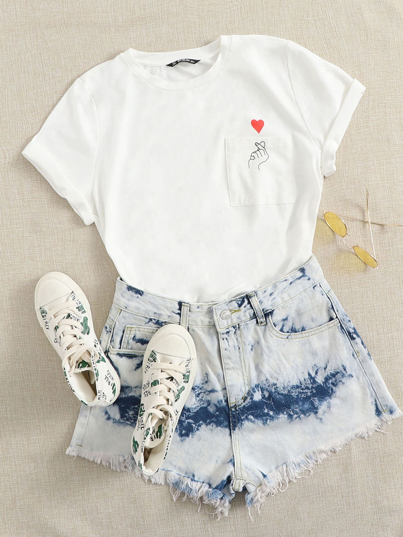 SHEIN EZwear 手勢圖案口袋貼布t恤 - 白色 - 查看 1