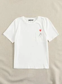 SHEIN EZwear 手勢圖案口袋貼布t恤 - 白色 - 查看 4
