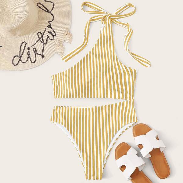 

Striped Cut-out One Shoulder One Piece Swimsuit, Yellow