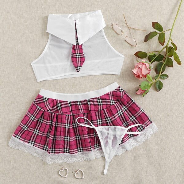 

3pack Tartan Uniform Sexy Set With Thong, Pink