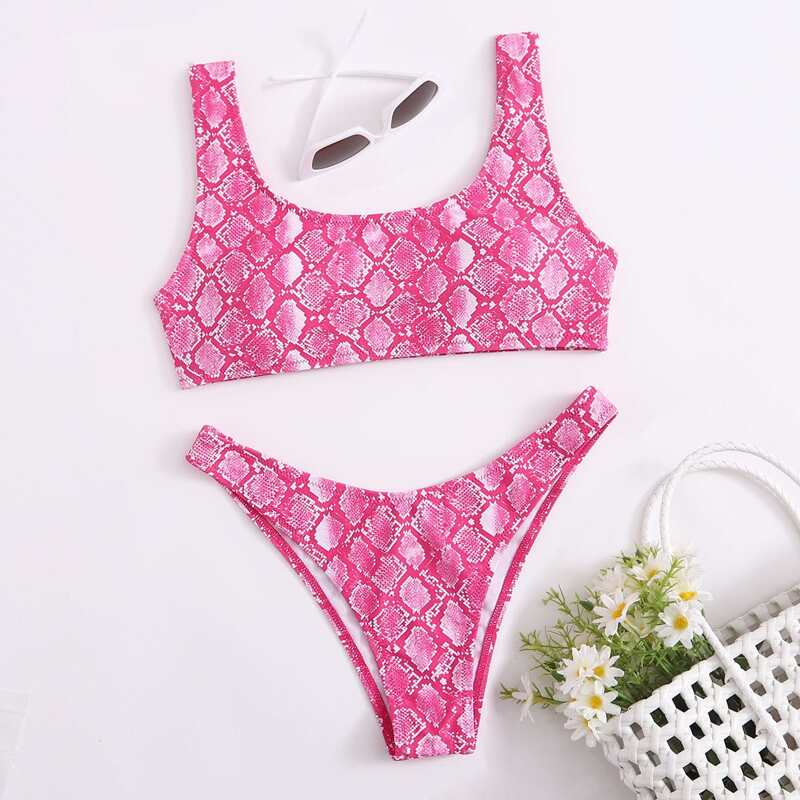 

Snakeskin High Leg Bikini Swimsuit, Hot pink