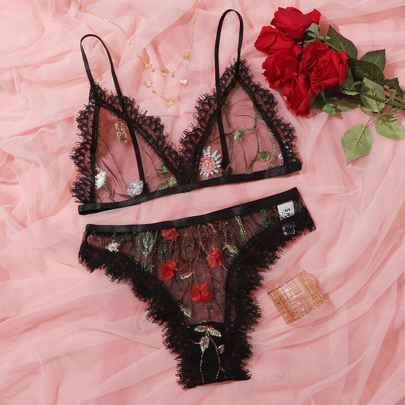 

Floral Embroidered Mesh Lace Trim Lingerie Set, Black