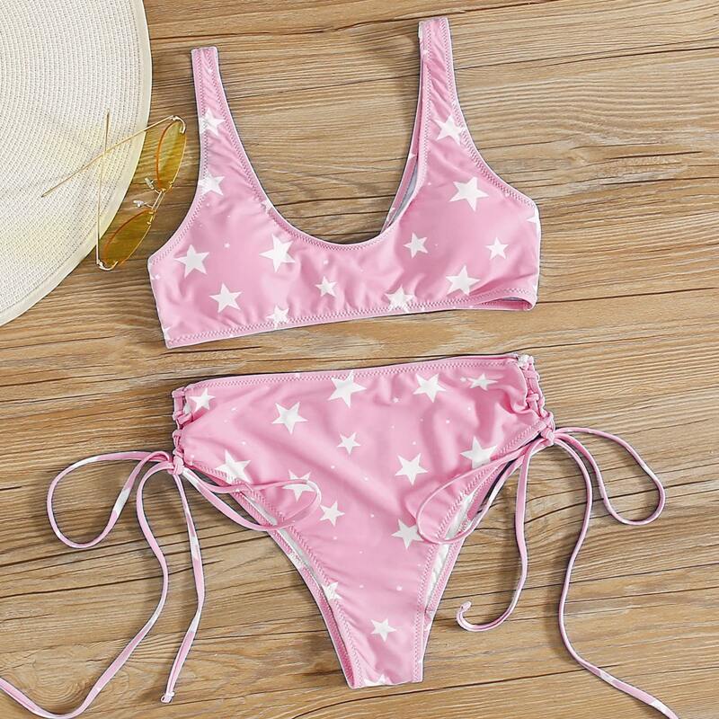

Star Print Tie Side Bikini Swimsuit, Pastel baby pink