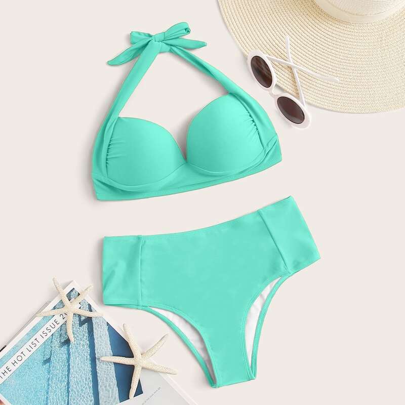 

Push Up Halter High Waisted Bikini Swimsuit, Bright mint green