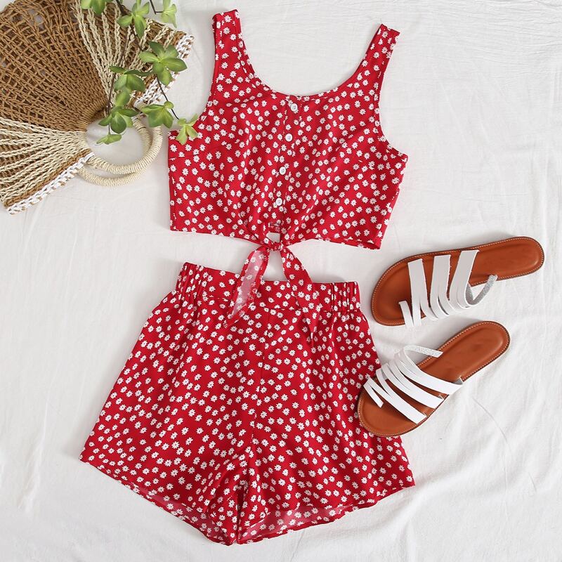 

Ditsy Floral Button Front Top & Shorts, Red