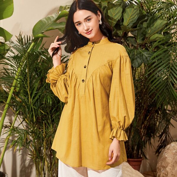 

Shirred Button-Up Stand Collar Top, Mustard yellow